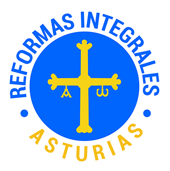 Logotipo Reformas integrales Asturias, imagen de la Cruz de Pelayo, dentro de un circulo azul y rodeado este del nombre de la empresa.